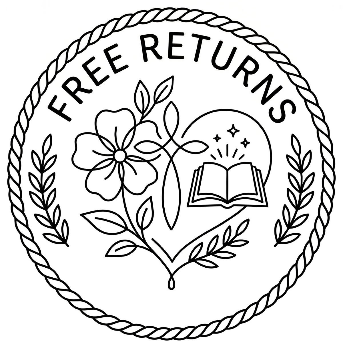 Circular logo with 'FREE RETURNS' text, flower, heart, and book design on a white background.