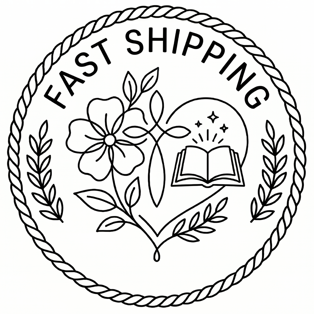 Logo with 'Fast Shipping' text, flower, and book design on a white background